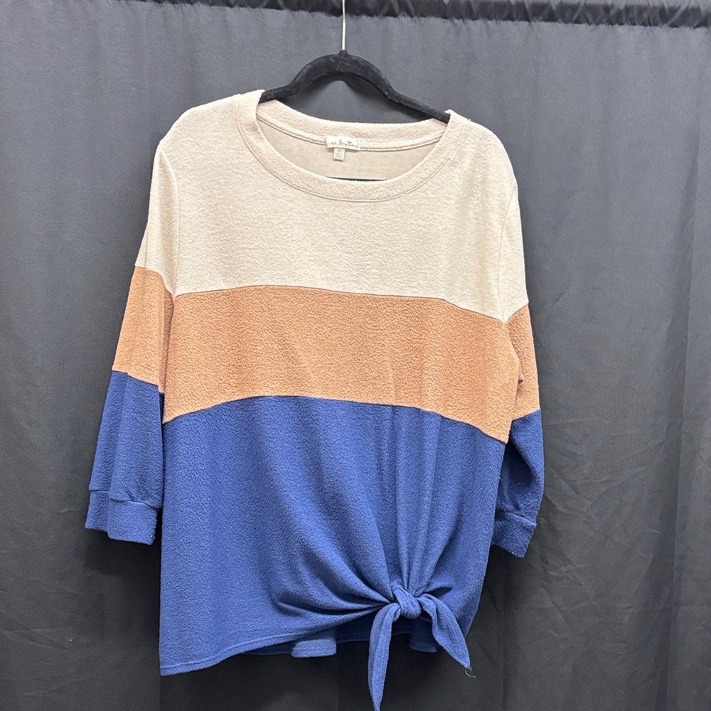 Nine Britton Beige, Brown, and Blue Tie-Front Top